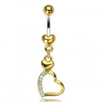 Pozlátený piercing do pupku s motívom srdiečok