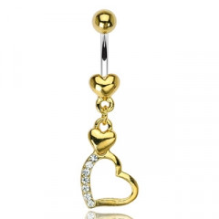 Pozlátený piercing do pupku s motívom srdiečok