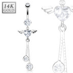Zlatý piercing do pupku - okrídlené srdce, Au 585/1000