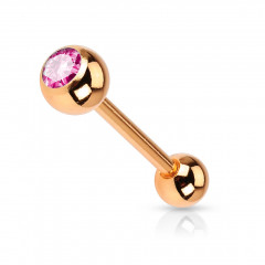 Pozlátený piercing do jazyka - ružový kamienok