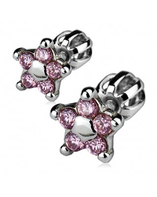 Strieborné náušnice skrutkovacie - kvietky, svetlo ružové zirkóny