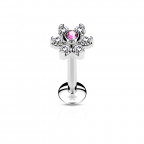 Piercing do brady - labreta kytička, ružový/číre kamienky
