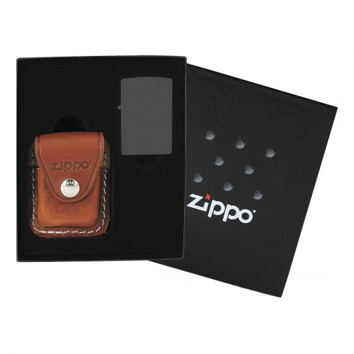 ZIPPO darčeková krabička s hnedým koženým vreckom na zapaľovač