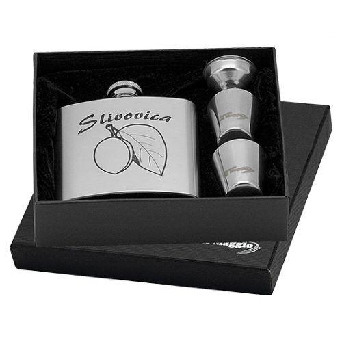 Oceľová vrecková fľaša - ploskačka 180ml + 2 kalíšky 30ml a lievik