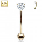 Zlatý piercing do obočia, číry zirkón, Au 585/1000