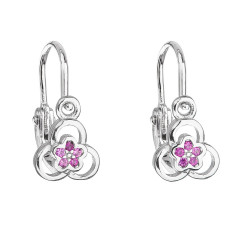 Strieborné detské náušnice kvietky, ružové zirkóny