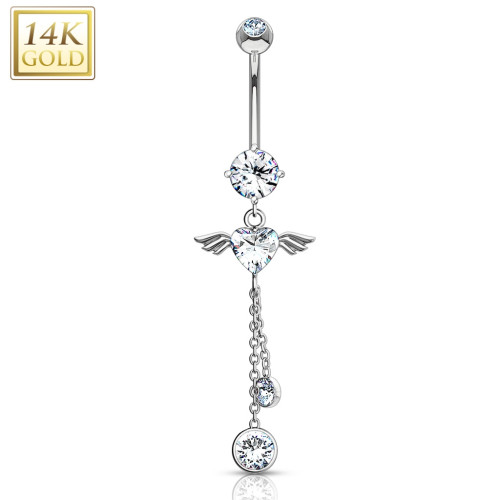 Zlatý piercing do pupku - okrídlené srdce, Au 585/1000