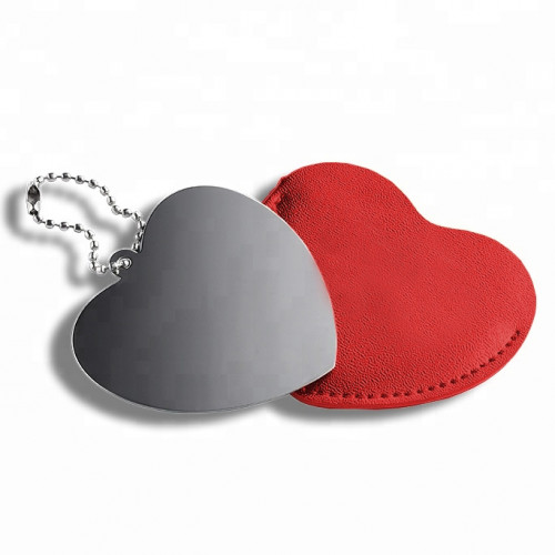 Oceľové vreckové zrkadlo srdiečko, červené púzdro