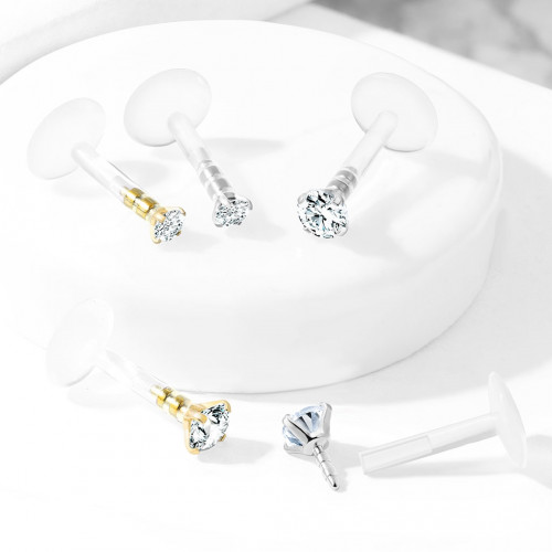 Pozlátený piercing do brady BioFlex, 3 mm zirkón