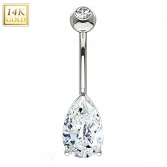 Zlatý piercing do pupku - zirkón v tvare kvapky, Au 585/1000