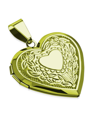 Pozlátený oceľový prívesok - medailón otvárací - srdiečko s ornamentmi