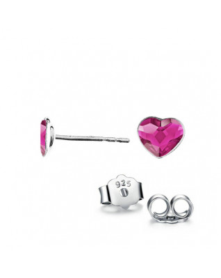 Strieborné náušnice so srdcom Crystals from Swarovski, Fuchsia