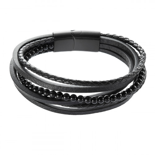 Náramok pánsky koženka a čierne korálky