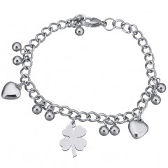 Oceľový náramok so srdiečkami a štvorlístkom