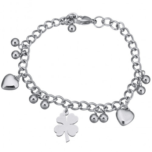 Oceľový náramok so srdiečkami a štvorlístkom