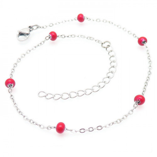 Oceľový náramok na nohu s červenými korálkami