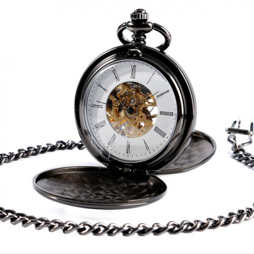 Mechanické vreckové hodinky otváracie čierne - cibuľa