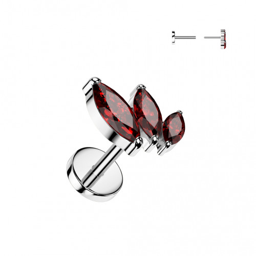 Piercing do brady - PUSH IN labreta TITAN, červené zirkóny