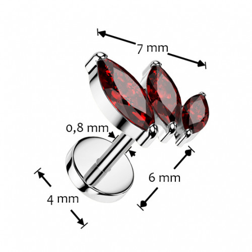 Piercing do brady - PUSH IN labreta TITAN, červené zirkóny