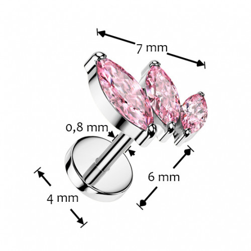 Piercing do brady - PUSH IN labreta TITAN, ružové zirkóny