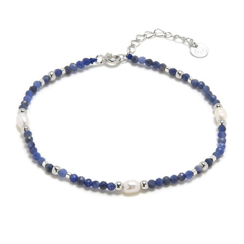 Minerálny náramok prírodný Sodalit a perly, striebro AG925