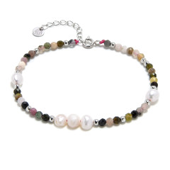 Minerálny náramok prírodný Turmalín a perličky, striebro AG925