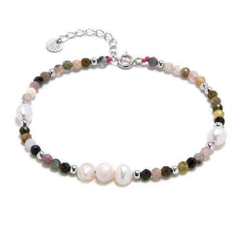 Minerálny náramok prírodný Turmalín a perličky, striebro AG925