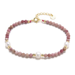 Minerálny náramok prírodný Rodonit a perly, striebro AG925