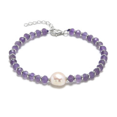 Minerálny náramok prírodný Ametysty a perla, striebro AG925