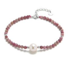Minerálny náramok prírodný Rodochrosit a perla, striebro AG925