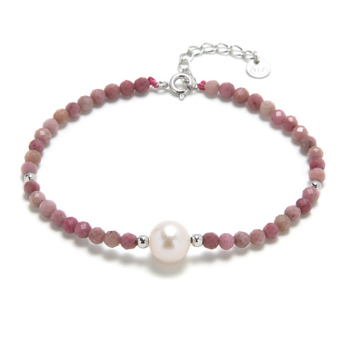 Minerálny náramok prírodný Rodochrosit a perla, striebro AG925