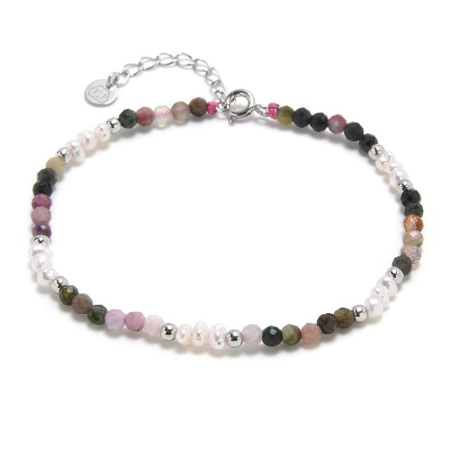 Minerálny náramok prírodný Turmalín a perličky, striebro AG925