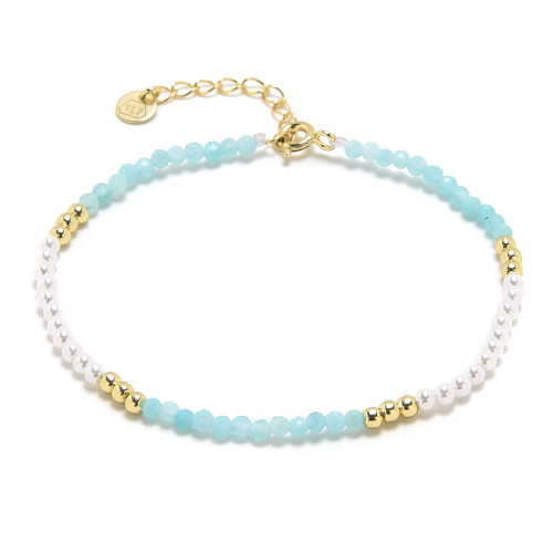 Pozlátený minerálny náramok prírodný Amazonit a perly, striebro AG925