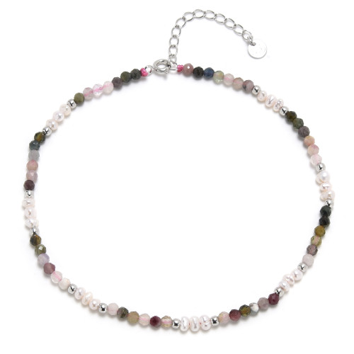 Náramok na členok prírodný Turmalín a perličky, striebro AG925