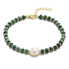 Minerálny náramok prírodný Malachit a perla, striebro AG925