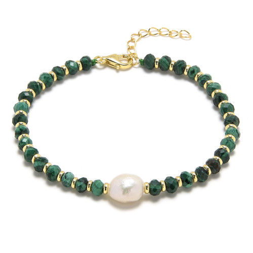 Minerálny náramok prírodný Malachit a perla, striebro AG925