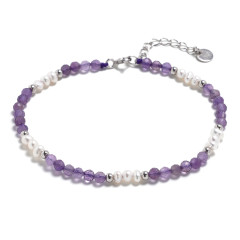 Minerálny náramok prírodný Ametysty a perla, striebro AG925