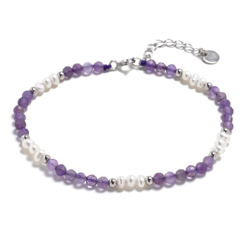 Minerálny náramok prírodný Ametysty a perla, striebro AG925