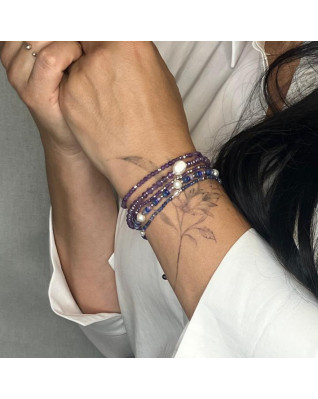 Minerálny náramok prírodný Ametysty a perla, striebro AG925