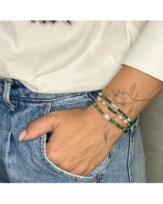 Minerálny náramok prírodný Malachit a perla, striebro AG925