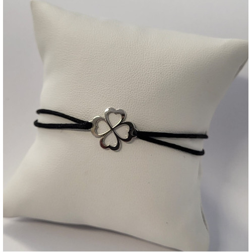 Čierny textilný náramok štvorlístok, Ag 925