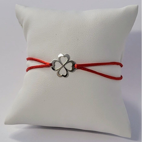 Červený textilný náramok štvorlístok, Ag 925