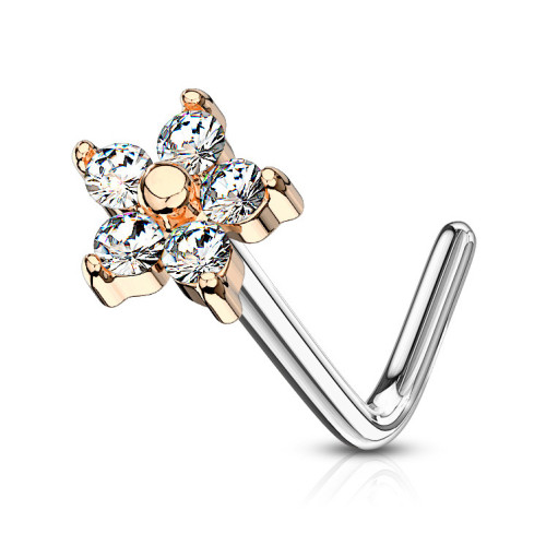 Pozlátený zahnutý piercing do nosa, číre kamienky