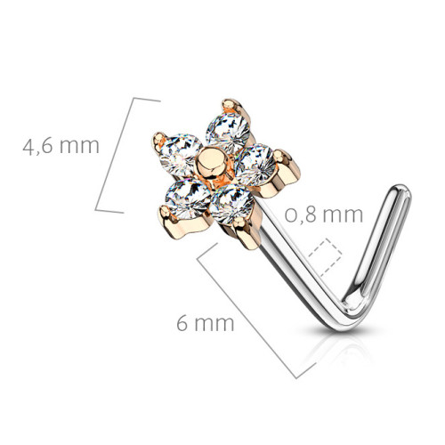 Pozlátený zahnutý piercing do nosa, číre kamienky