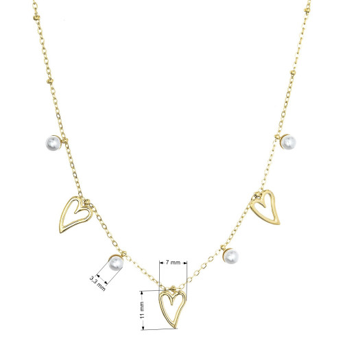 Náhrdelník oceľový s perličkami a srdiečkami