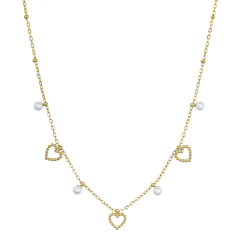 Náhrdelník oceľový s perličkami a srdiečkami